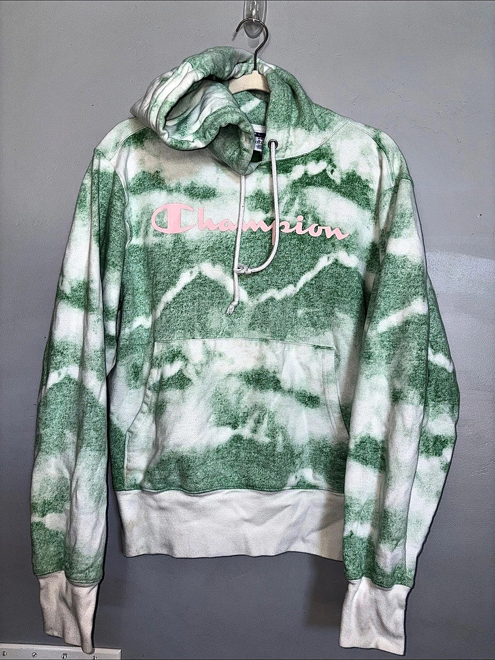 Champion Reverse Weave Tie Dye Hoodie Sweatshirt Green & White Small